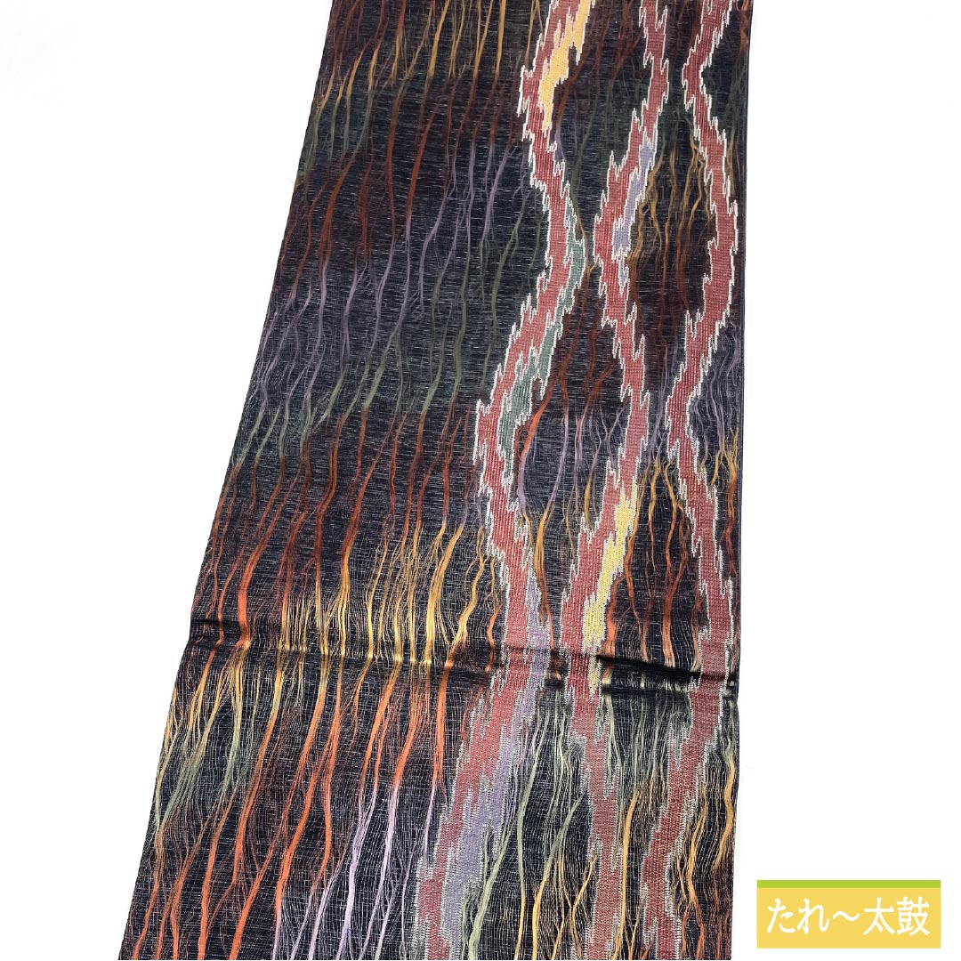 袋帯 正絹 燻色（ふすべいろ） 櫛織 変わり立涌 帯丈432cm Sランク 六通 カジュアル 紺系 1123012872318