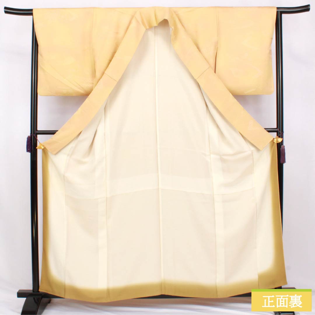 色無地 正絹 Aランク 身丈160cm 裄丈64.5cm 薄柑子色（うすこうじいろ） 密陀僧色（みつだそういろ） ぼかし染め 扇面 袷 橙系 1114002663426