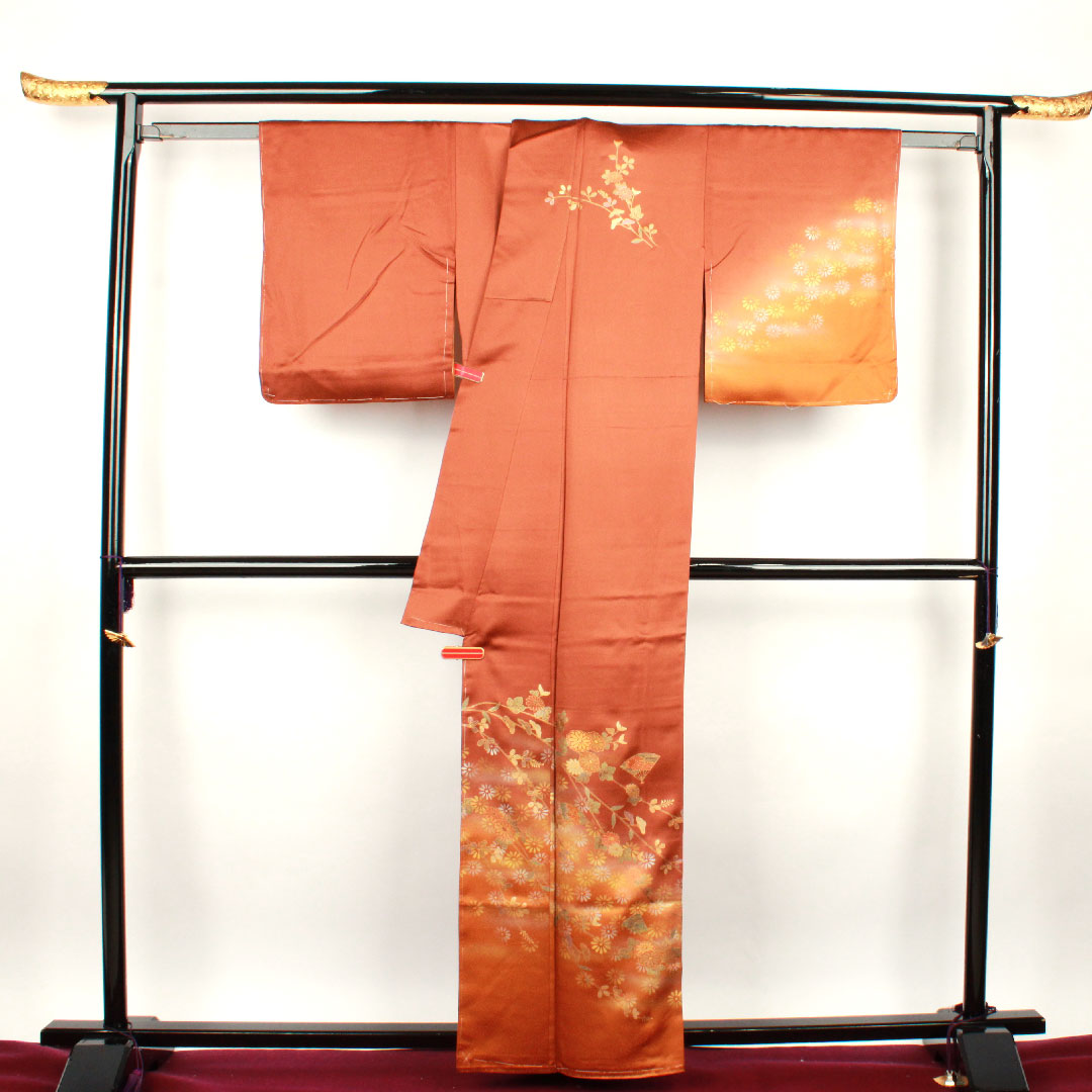 訪問着 袷 身丈161cm 裄丈63cm 唐茶色 金彩加工 菊 正絹 Sランク 茶系 1112001532414