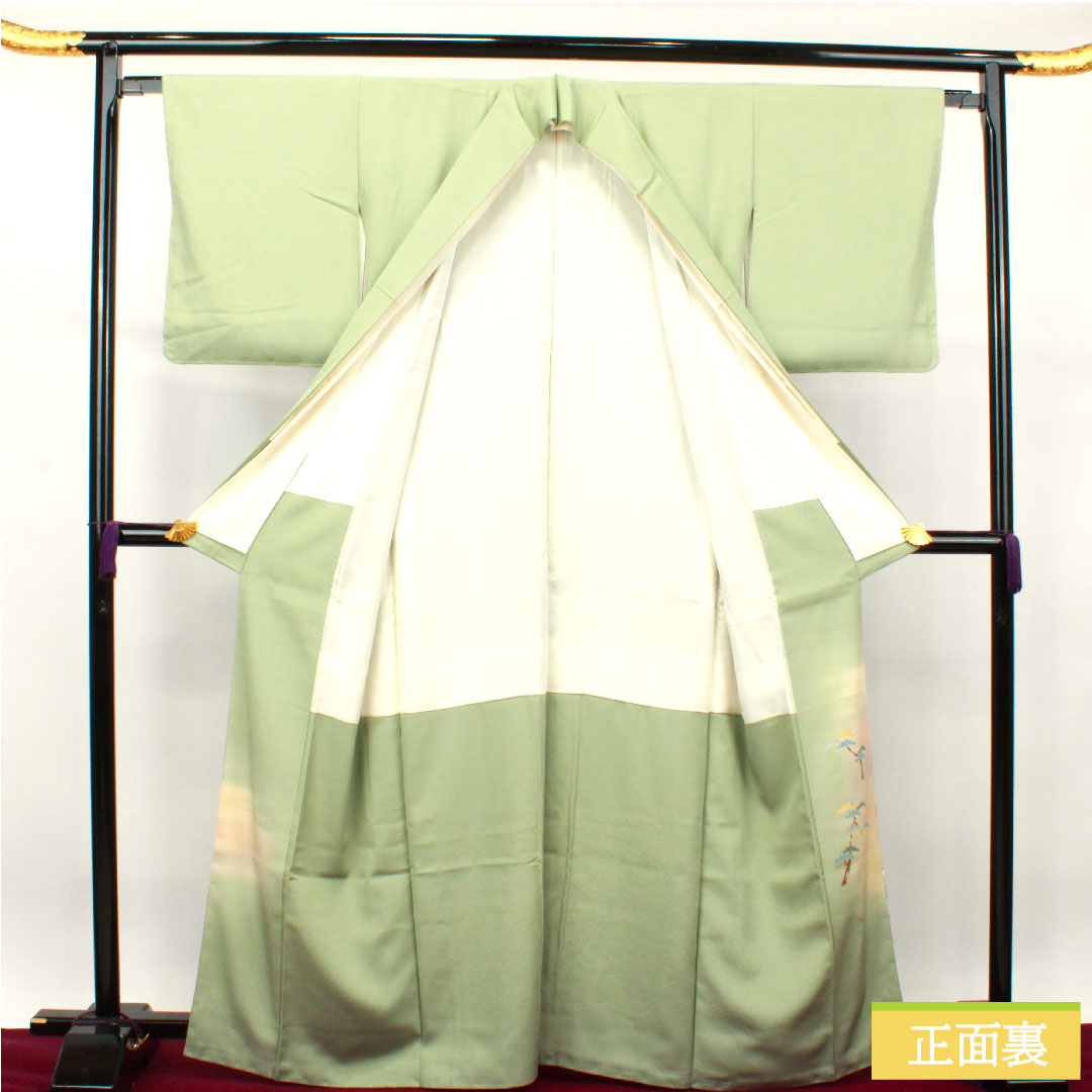 Colored Tomesode, pure silk, length 165cm, sleeve length 64.5cm, lined, ura-hairo (back leaf color), Kyo-Yuzen, Daimyo procession, plum blossom, one crest, with basting thread, unused, S rank, one crest, green, 1111001202519