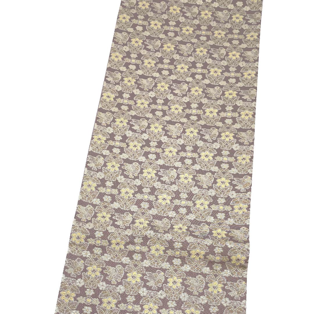 袋帯 浅滅紫色（あさきけしむらさきいろ） 鼎工房 鳥 花 長尺 帯丈470cm 正絹 Sランク 全通 セミフォーマル 紫系 1123009342420