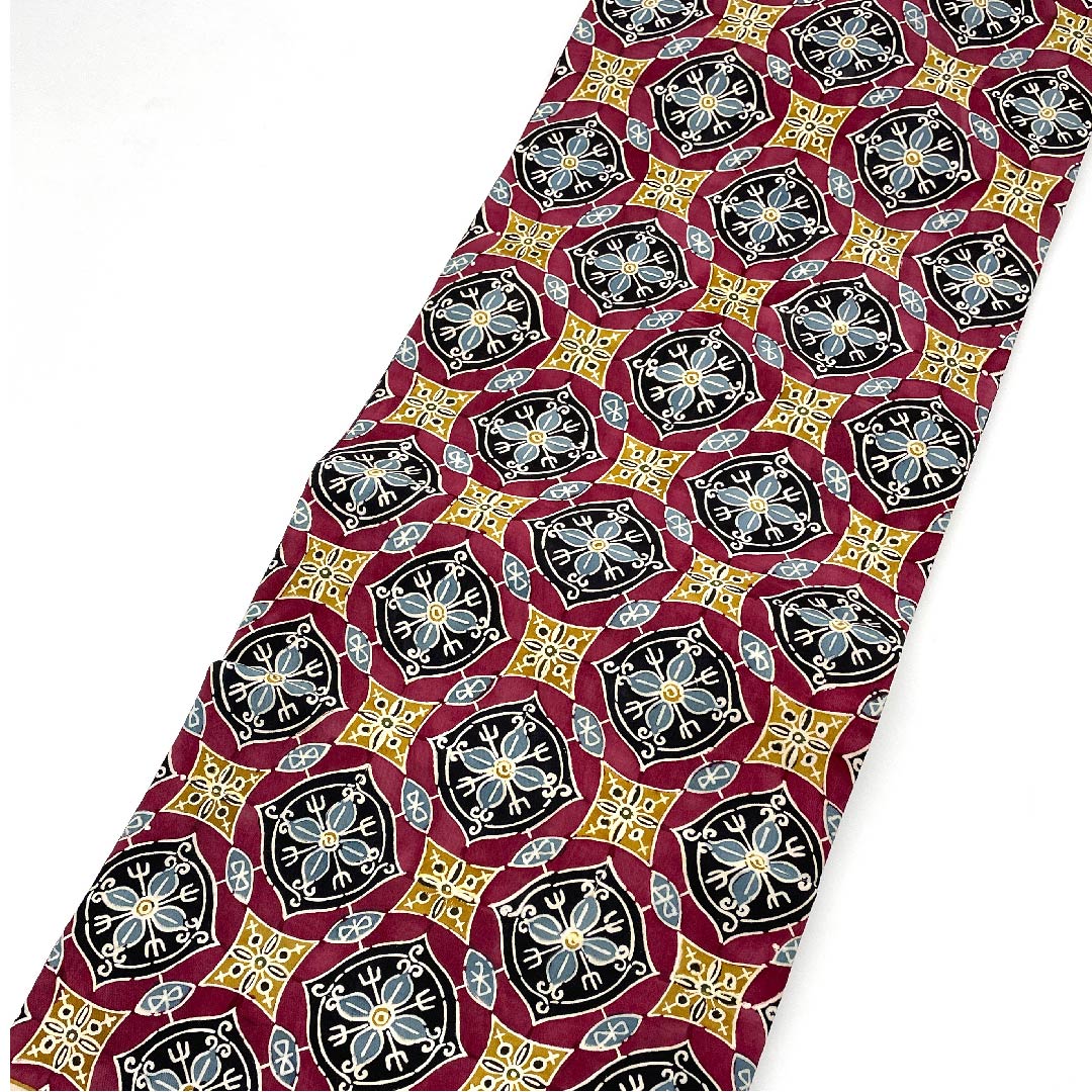 名古屋帯 臙脂色 幾何学模様 京紅型 帯丈342cm 正絹 Sランク 全通 カジュアル 紫系 1124003642320  名古屋仕立て