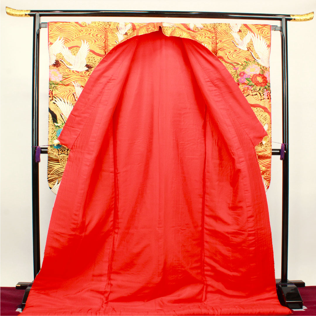 Colored uchikake, length 191cm, scarlet, Karaori, flowing water, crane, pure silk, S rank, lined, vermilion, 1110000292916