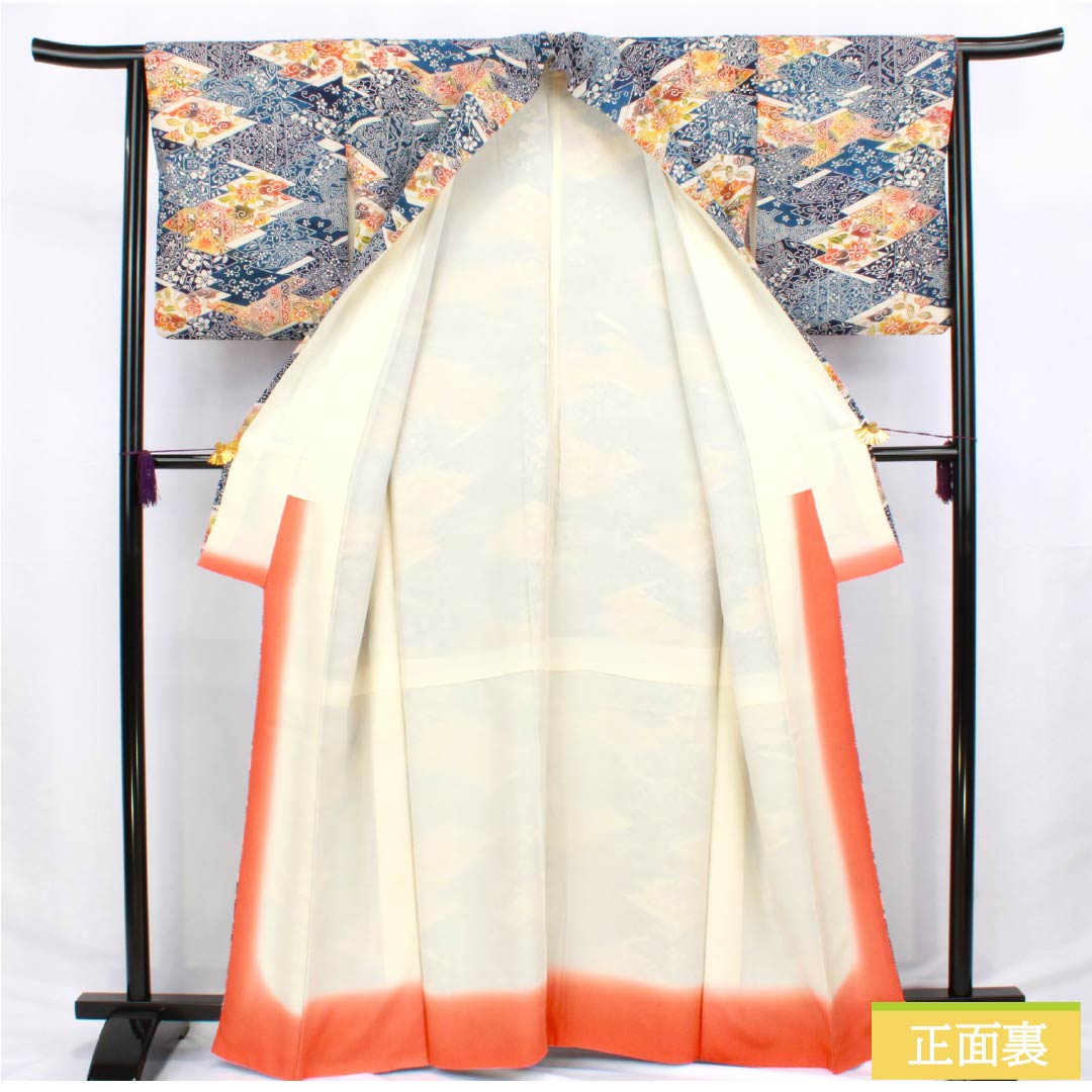 Komon (small pattern) kimono, pure silk, length 165cm, sleeve length 63cm, lined, navy blue (kon-iro) and Berlin blue (berensu-iro), stencil dyeing, Shosoin pattern, A rank, blue, 1115006203517