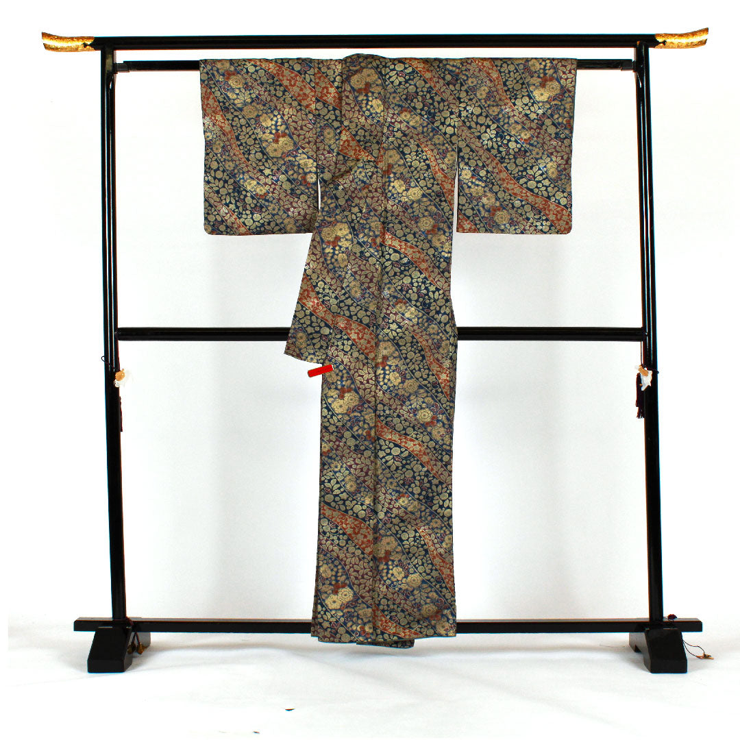 小紋 身丈159cm 裄丈63cm 袷  辻ヶ花 洗える着物  ポリ Sランク 紺系 1115000902318