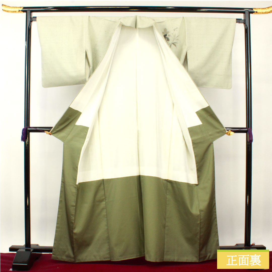 訪問着 正絹 袷 身丈164.5cm 裄丈66.5cm 紬地 作家物 墨描き 草花模様 Aランク 緑系 1112004053419