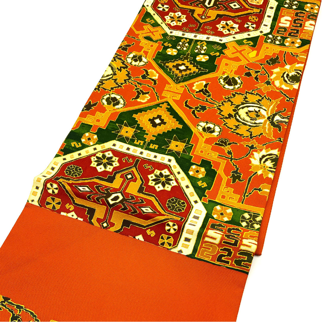 名古屋帯 塩瀬 唐花模様 染帯 帯丈378cm 正絹 Bランク 六通 カジュアル 朱系 1124001834316  名古屋仕立て