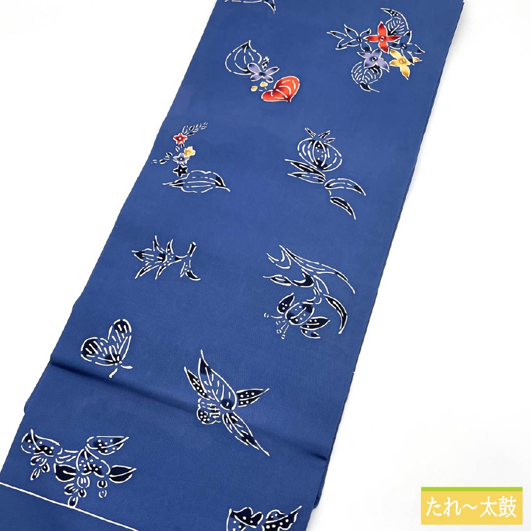 Nagoya Obi, Pure Silk, Grade A, Tsuyukusairo (Dew Grass Green), Stencil Dyed with Bingata-inspired Floral Pattern, 350cm Long, Pointed Pattern, Casual Style, Blue, Product Number: 1124010583317, Nagoya Style