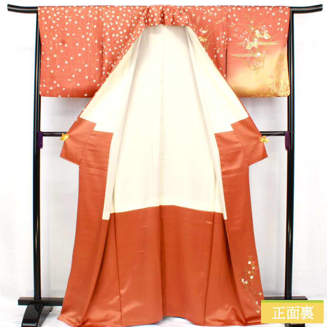 Homongi, pure silk, lined, length 165.5cm, sleeve length 64cm, faded scarlet, Kyoto Yuzen, floral pattern, fan surface, S rank, brown, 1112005512514