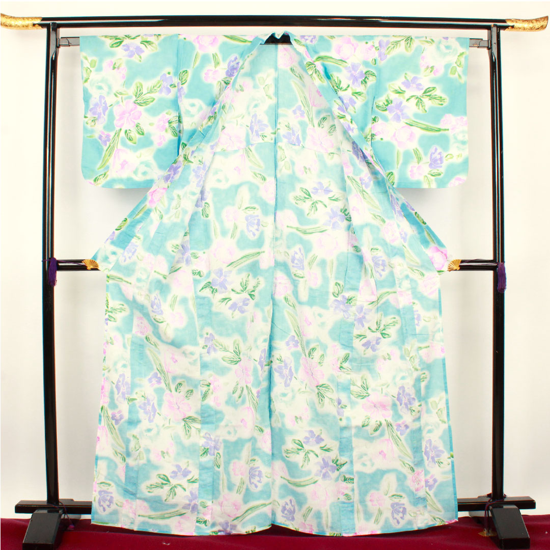 浴衣 浅縹色 花模様 木綿 Aランク 単衣 身丈166.5cm 裄丈64cm 青系 1118001083517