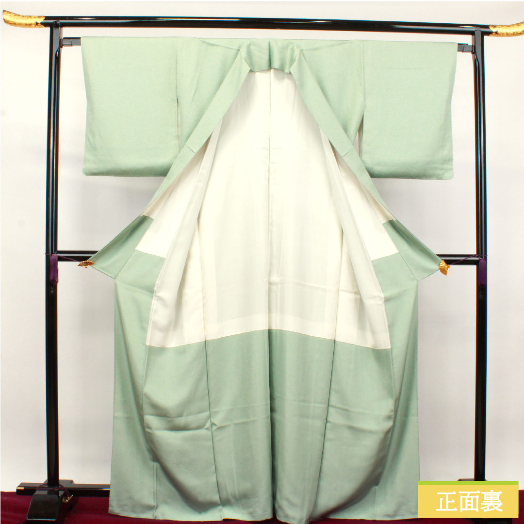 Plain color, pure silk, length 166.5cm, sleeve length 65.5cm, white-green, one pull within a snowflake, by Tatsuo Hyakukan, Kaga Yuzen artist, lined, S rank, green, 1114001142519