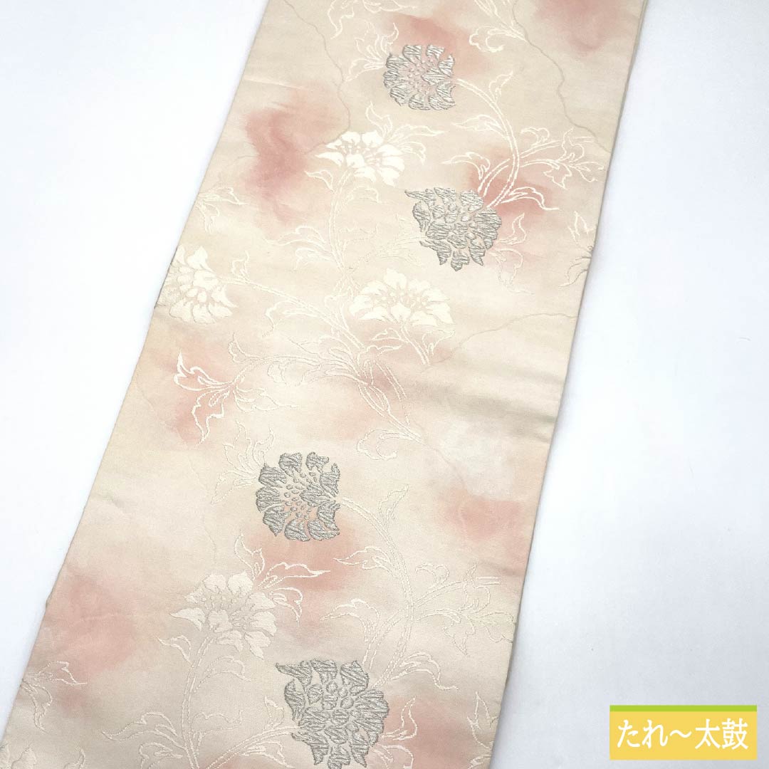 名古屋帯 正絹 Sランク 白練色（しろねりいろ） 洋花 帯丈353cm 六通 セミフォーマル 白系 1124009532311 名古屋仕立て
