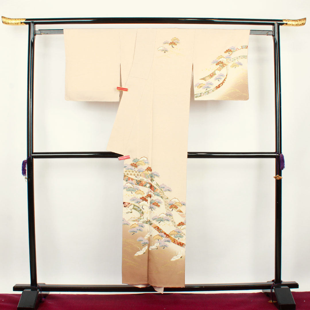 訪問着 袷 身丈152.5cm 裄丈64cm 惚色 京友禅 松 鶴 正絹 Sランク ピンク系 1112001902213