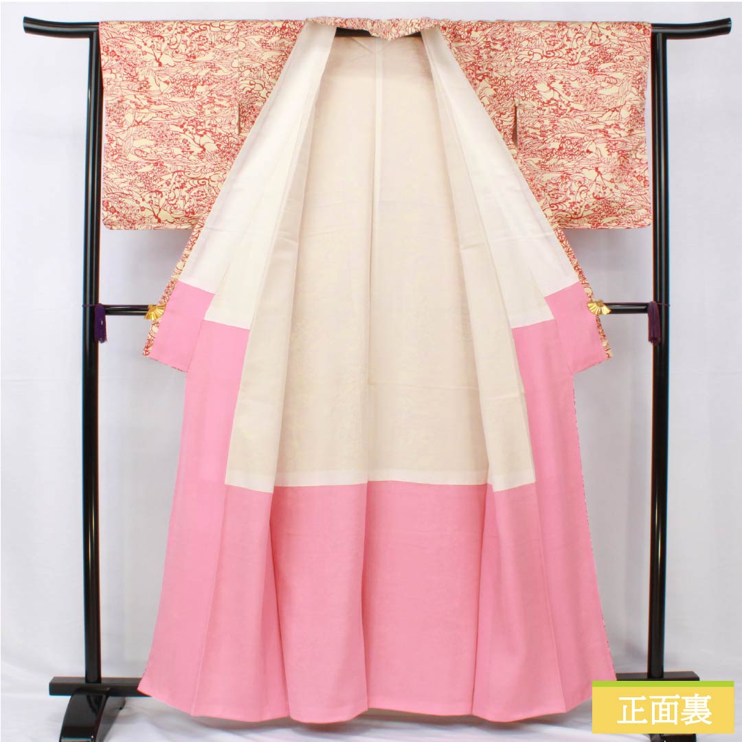 小紋 正絹 身丈162cm 裄丈63cm 袷 東京白茶色（とうきょうしらちゃいろ） 線描き風景画 風景 Sランク クリーム系 1115005222415