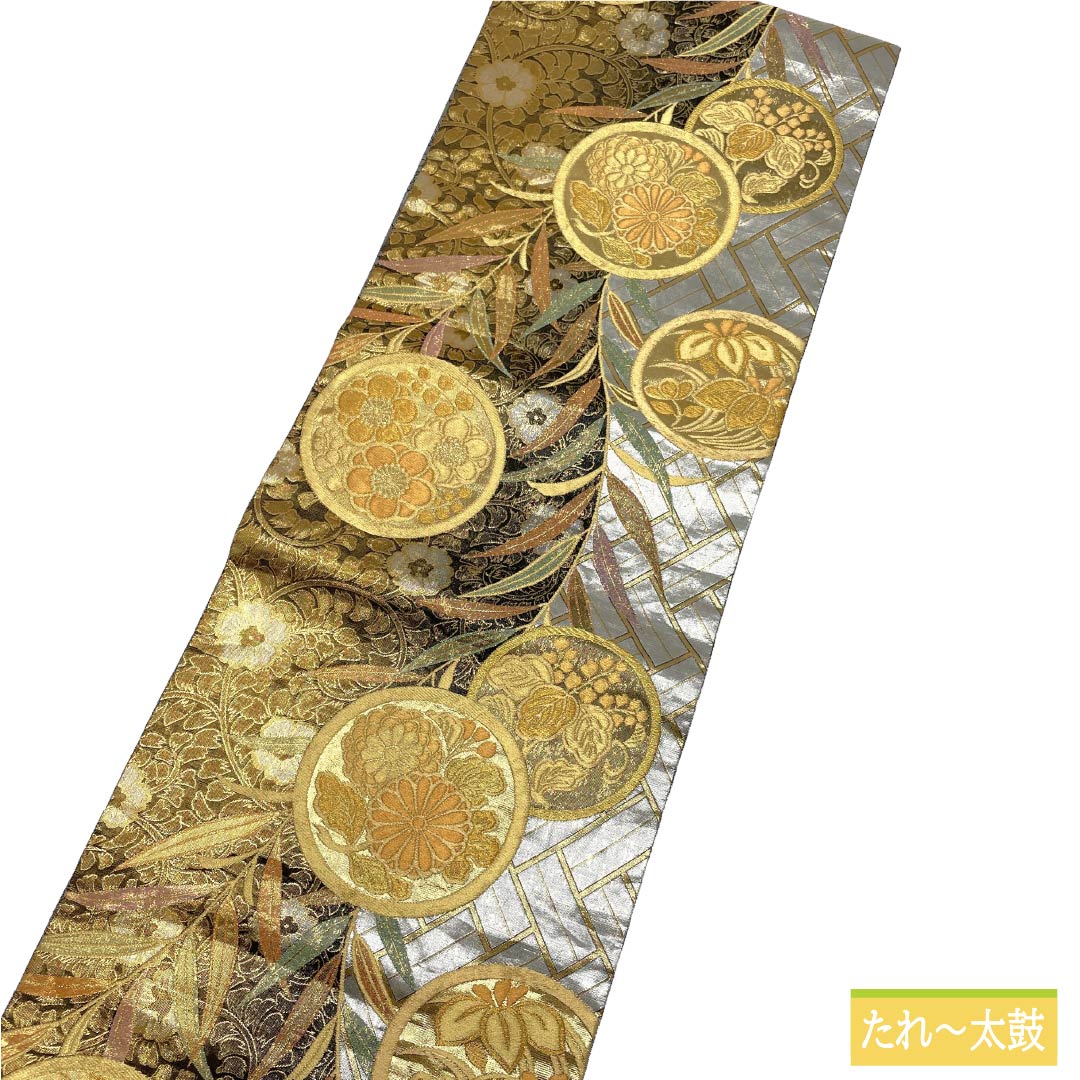袋帯 正絹 Aランク 銀色（ぎんいろ） 古典柄 振袖用 花丸 草花 帯丈432cm 六通 フォーマル 銀系 1123018703322