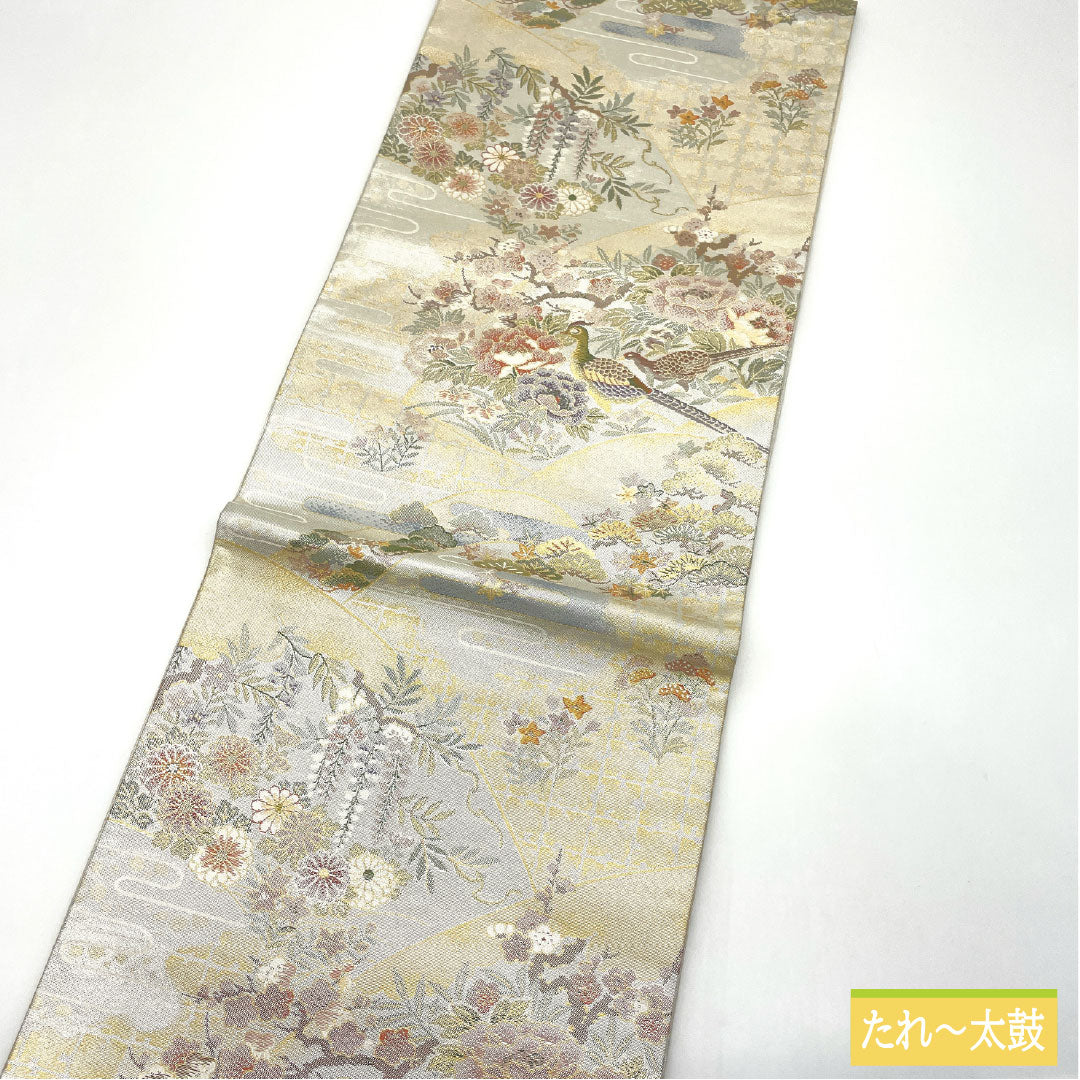 リサイクル着物】袋帯 正絹 Aランク 西陣織 扇面 吉祥文様 帯丈434cm