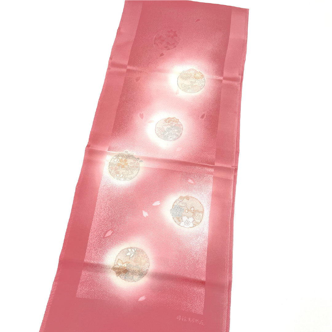 (Like New) Silk Obiage (Semi-Formal) Medium Crimson Flowers (Nakano Kurenai Iro) Tango Chirimen (Crepe) with a Circle and Cherry Blossom Design, Approximately 180cm Long, 31cm Wide, Pink, Product Number: 1136001311913