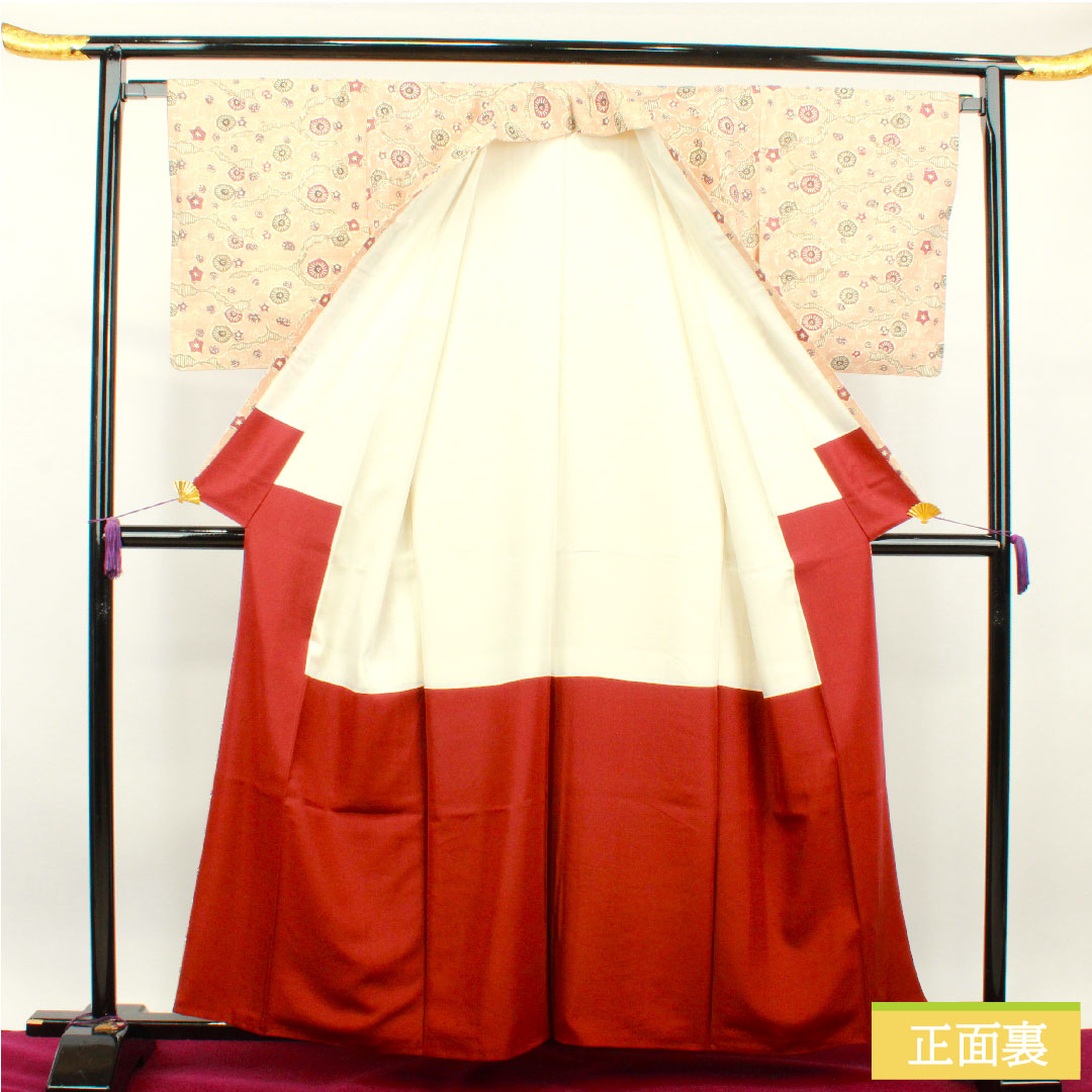 小紋 正絹 身丈160cm 裄丈66cm 袷  乙女色 紬地 京紅型 抽象模様  Sランク ピンク系 1115003532413