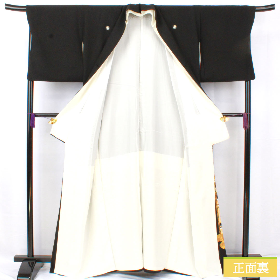 Black formal kimono, pure silk, length 162.5cm, sleeve length 69cm, lined, Kyoto Yuzen, feudal lord procession, artist work, Matsuo Korin, five crests, circle with four corners, A rank, black, 1111001603410