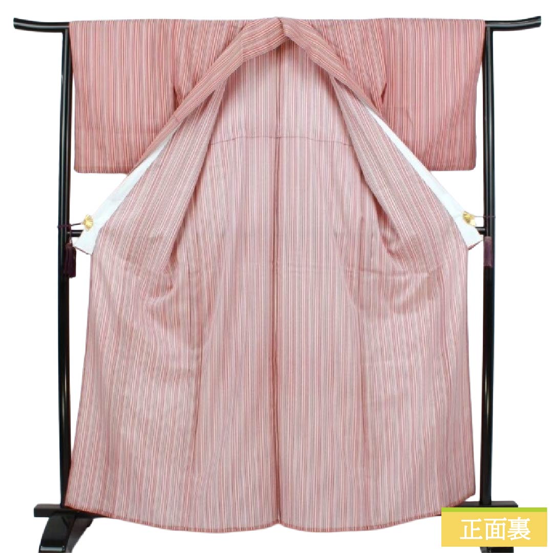 小紋 ポリエステル Sランク 身丈163.5cm 裄丈64.5cm 単衣 蘇芳色（すおういろ） 洗える着物 縞 紫系 1115008132420
