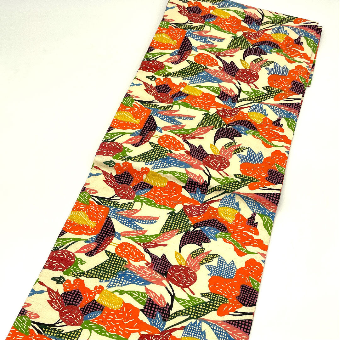 名古屋帯 型染 染め帯 抽象模様 帯丈353cm 正絹 Aランク 全通 カジュアル クリーム系 1124002043315