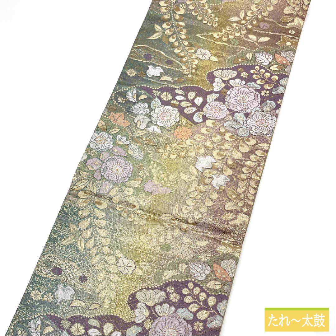 Formal, S-Rank Silk Obi with Tsujigahana Pattern, Puffed Weave, Cloud Pattern, and Aoi Pattern, Length 444cm, Six-Ply, Gradient Color, Product Number: 1123015252399