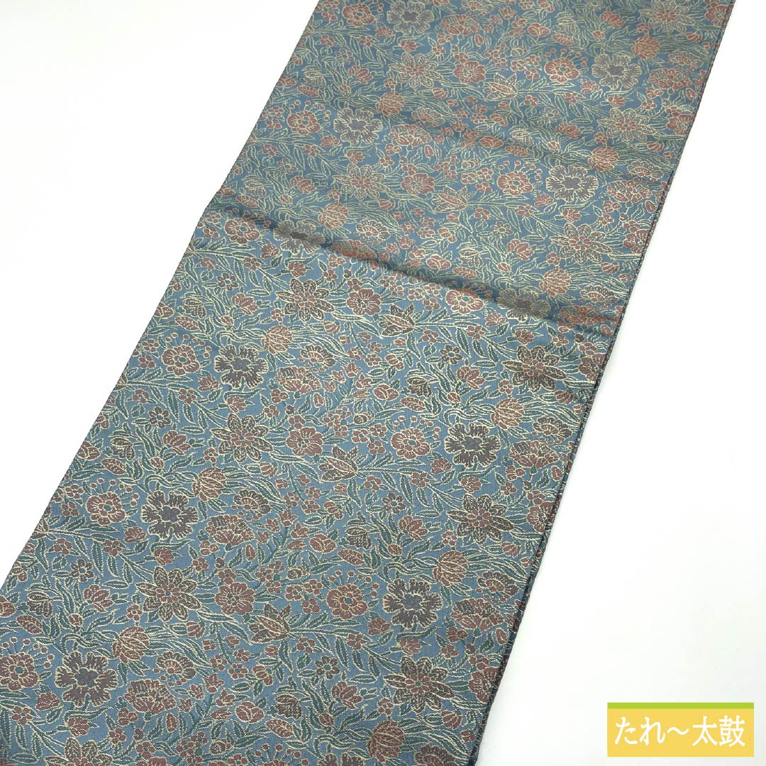 Nagoya Obi, Rust-Light Blue (Sabi Asagiiro) with Floral Pattern, 362cm Long, Pure Silk, S-Rank, Full Length, Semi-Formal, Light Blue, Item Number: 1124008842324, Nagoya Style