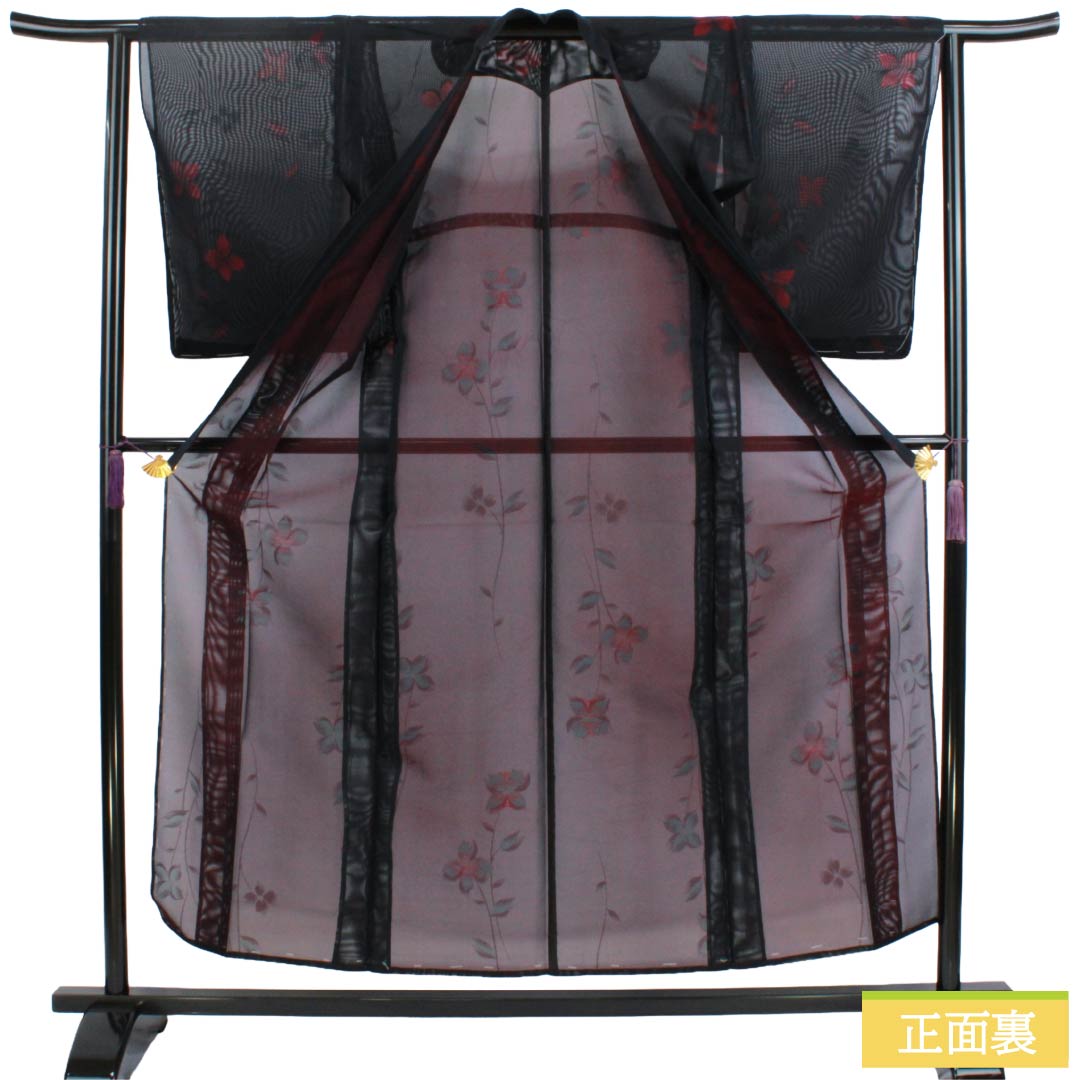 夏物 正絹 お召 Sランク 身丈155cm 裄丈63cm 褐色（かちいろ） 草花模様 紗 紫系 1132004292320