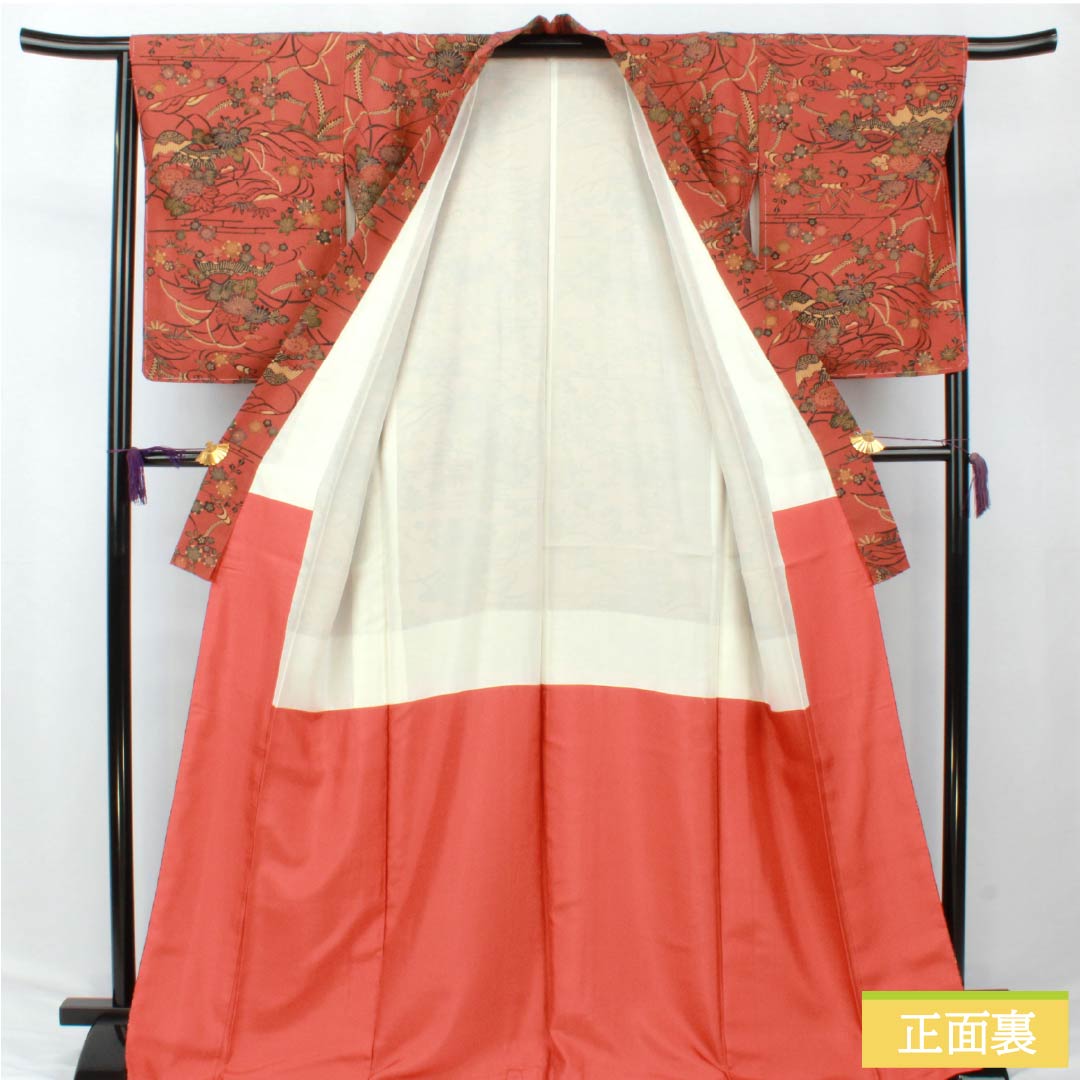 小紋 ポリエステル Sランク 身丈169.5cm 裄丈67cm 袷 緋銅色（ひどうしょく） 型染 草花 しつけ糸付き 洗える着物 茶系 1115007112514