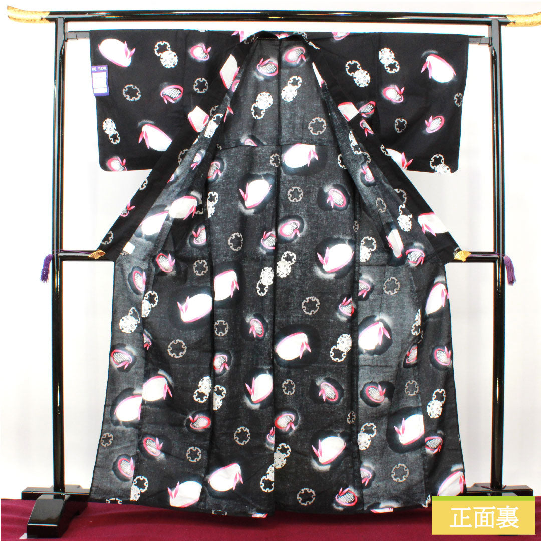 Yukata Cotton Length 164.5cm Sleeve length 64cm S rank Single layer Black Snow rabbit Snow ring 1118005052410