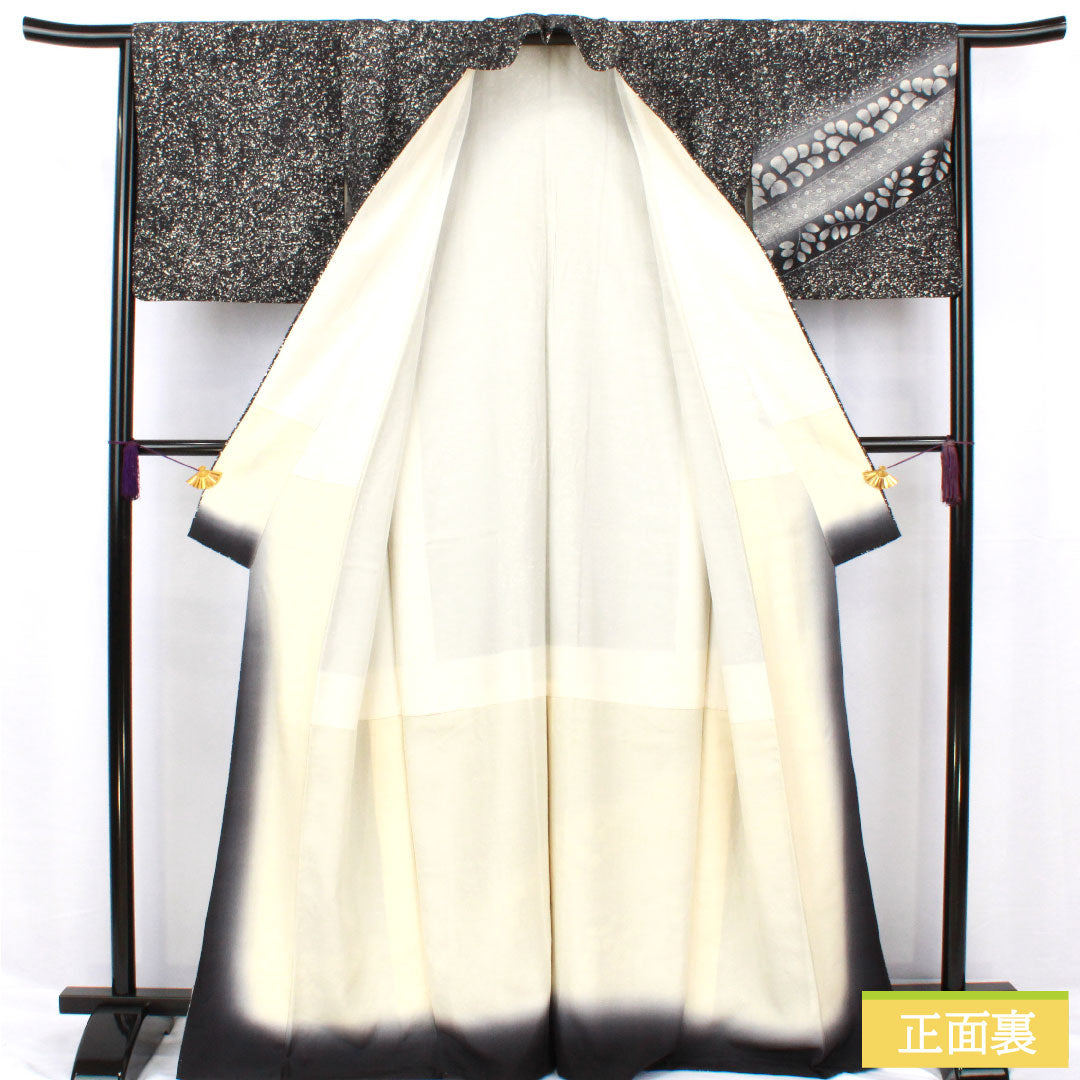 「縁」148ｃｍ～154ｃｍ 作家物 白黒 たたき染 訪問着 正絹 Ｉ４９９ 縁」151cm～158cm たたき染 金彩加工染 訪問着 正絹 B982
