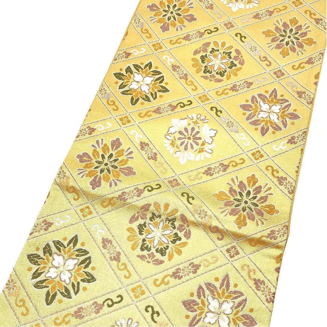（未仕立）袋帯 花柄 菱 単衣 帯丈452cm 正絹 NEWランク 六通 セミフォーマル 黄系 1123002511423