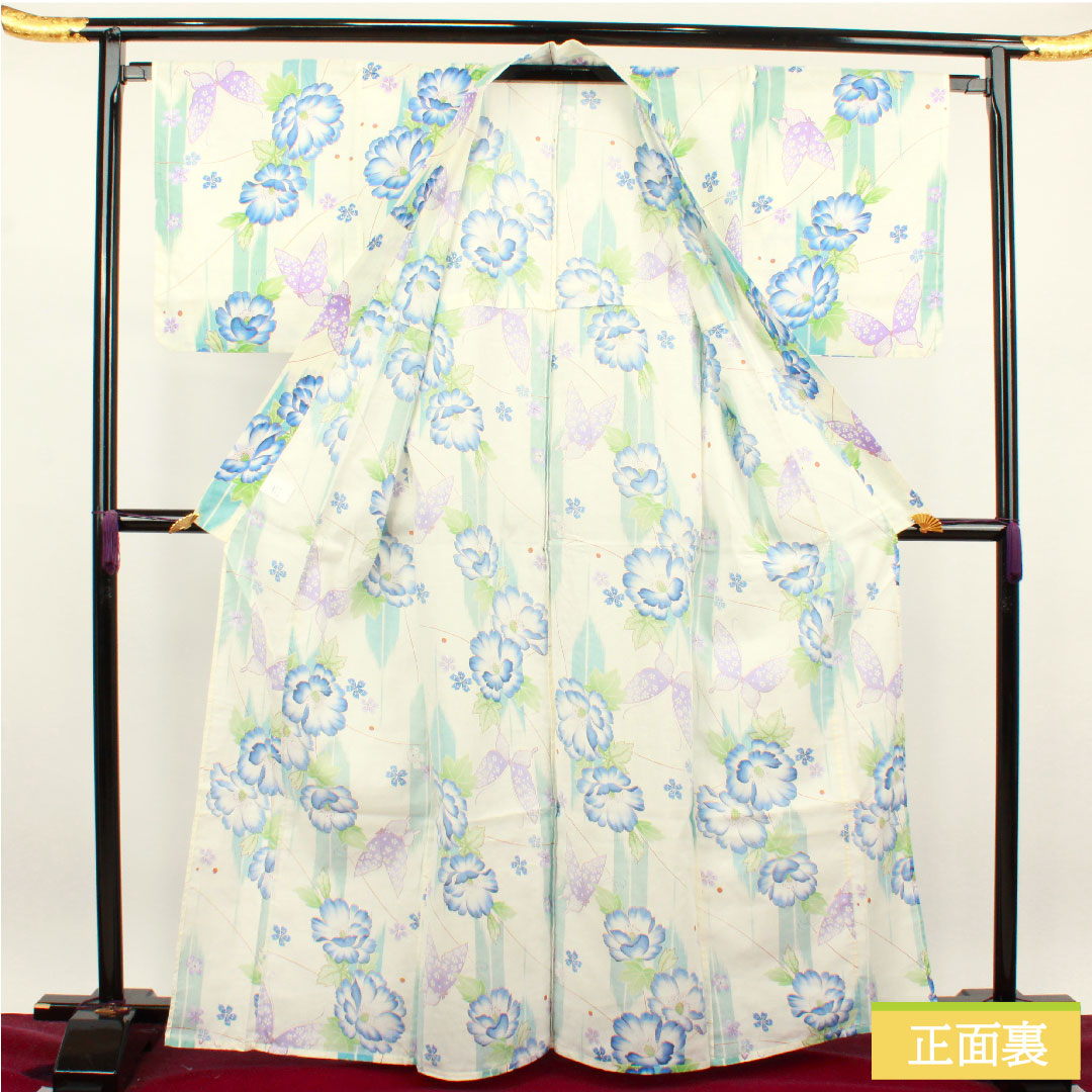 Yukata Cotton Length 165cm Sleeve length 66cm S rank Single layer White Butterfly Peony Pink 1118004692511