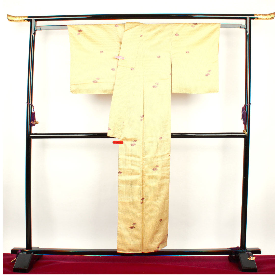小紋 身丈153cm 裄丈60cm 袷  蜂蜜色 洗える着物 飛び柄  ポリ Aランク 黄系 1115002163223