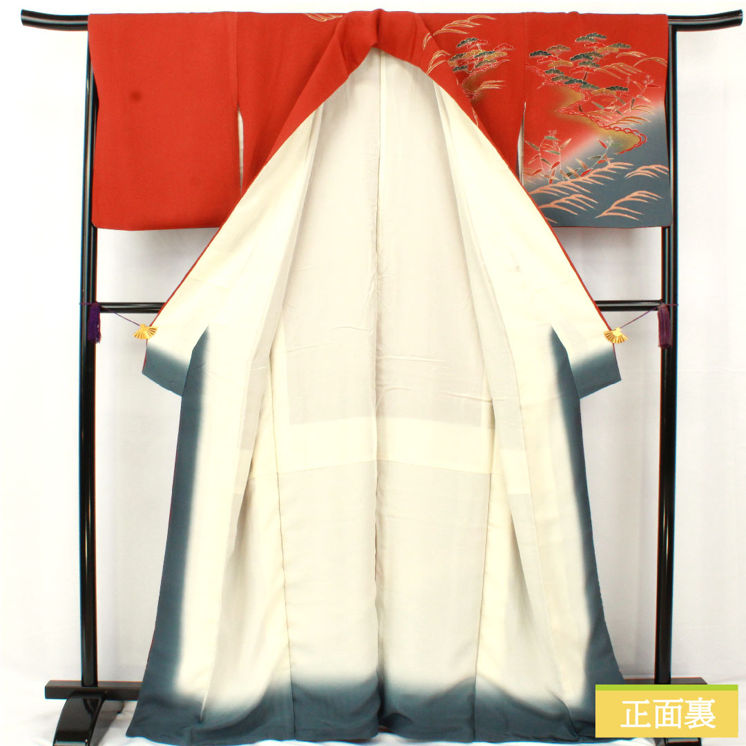 訪問着 正絹 袷 身丈165.5cm 裄丈65cm 弁柄色（べんがらいろ） 京友禅 茶屋辻風景模様 ちりめん地 Aランク 朱系 1112005923516