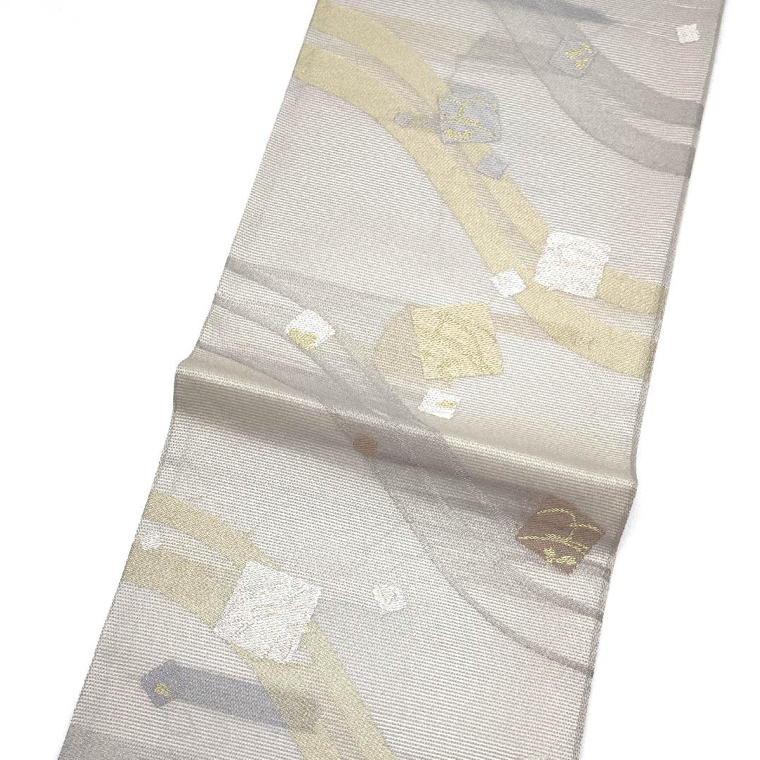 袋帯 白銅色（はくどういろ） 夏帯 四角 花びら 抽象模様 帯丈436cm 正絹 Aランク 六通 フォーマル グレー系 1123007313322