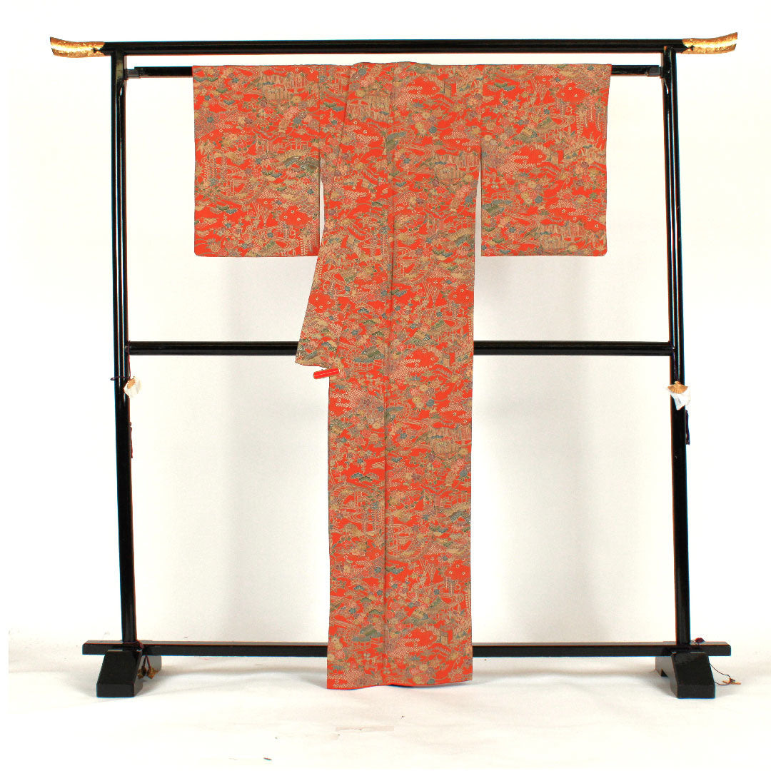 小紋 身丈163.5cm 裄丈67cm 袷  茶屋辻模様  正絹 Sランク 朱系 1115001642416