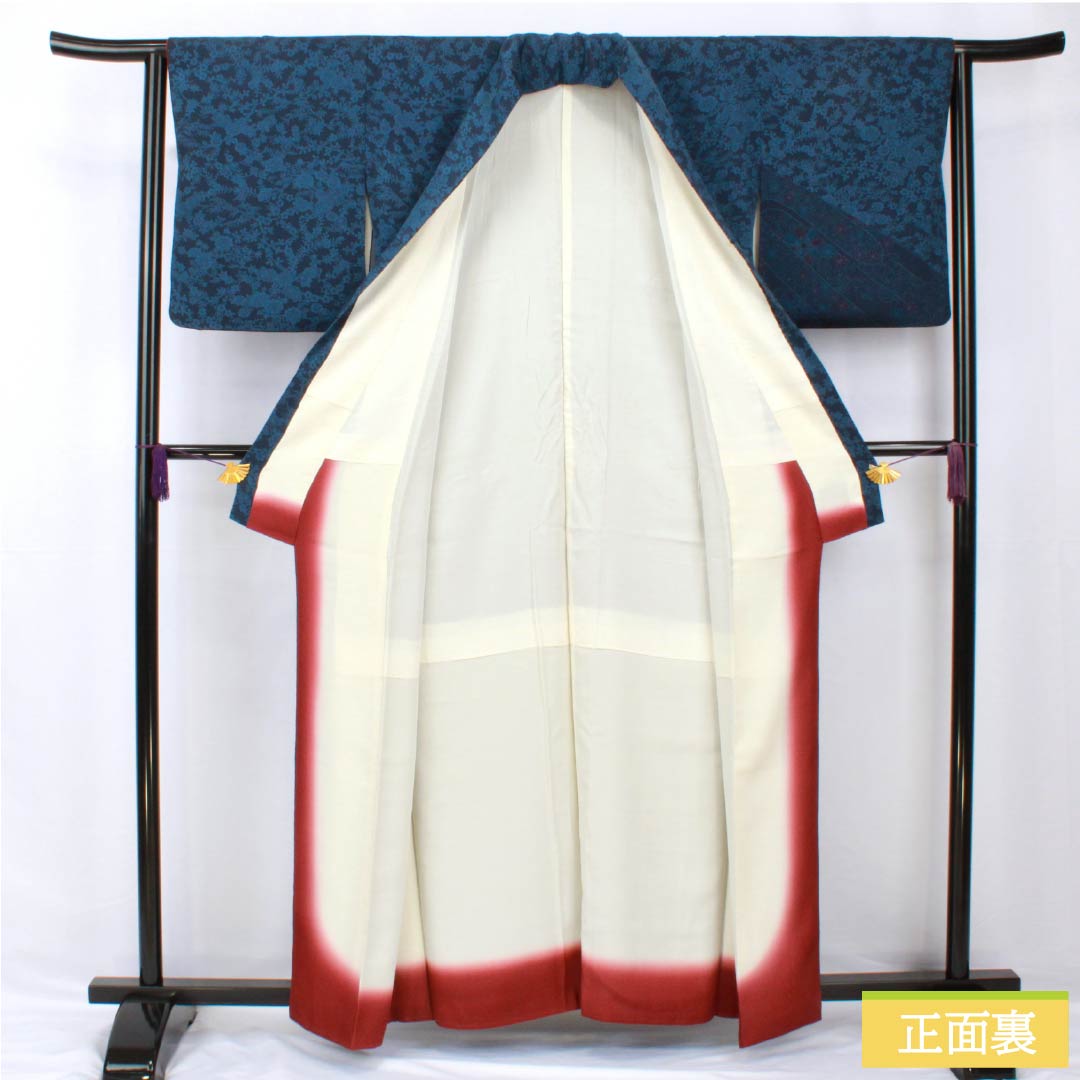 Homongi (formal kimono) made of pure silk, length 159cm, sleeve length 62cm, lined, dark navy blue, stencil-dyed, all-flower pattern, A rank, navy blue, 1115005403318