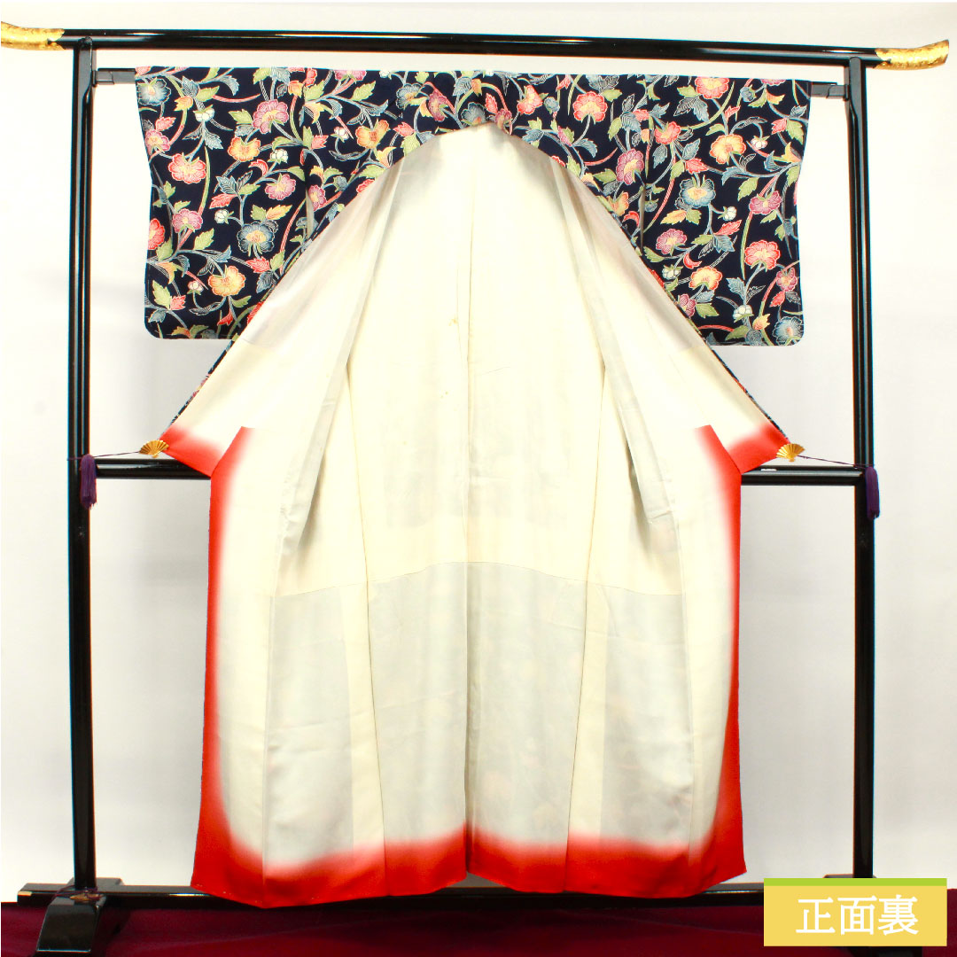 小紋 正絹 身丈155cm 裄丈62.5cm 袷  紺桔梗色 京紅型 草花模様  Bランク 紺系 1115003784318