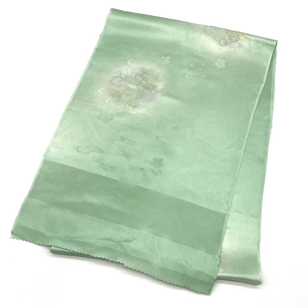 帯揚げ 正絹 Aランク セミフォーマル 薄緑色（うすみどりいろ） 桜 流水 亀甲 長さ約180cm 幅約30.5cm 緑系 1136002443919