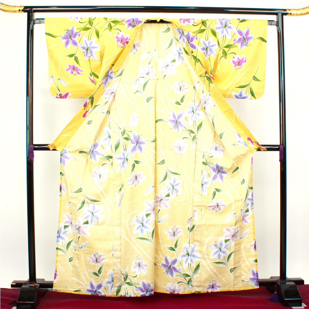 浴衣 支子色 百合 木綿 Sランク 単衣 身丈166cm 裄丈66cm 黄系 1118003232523