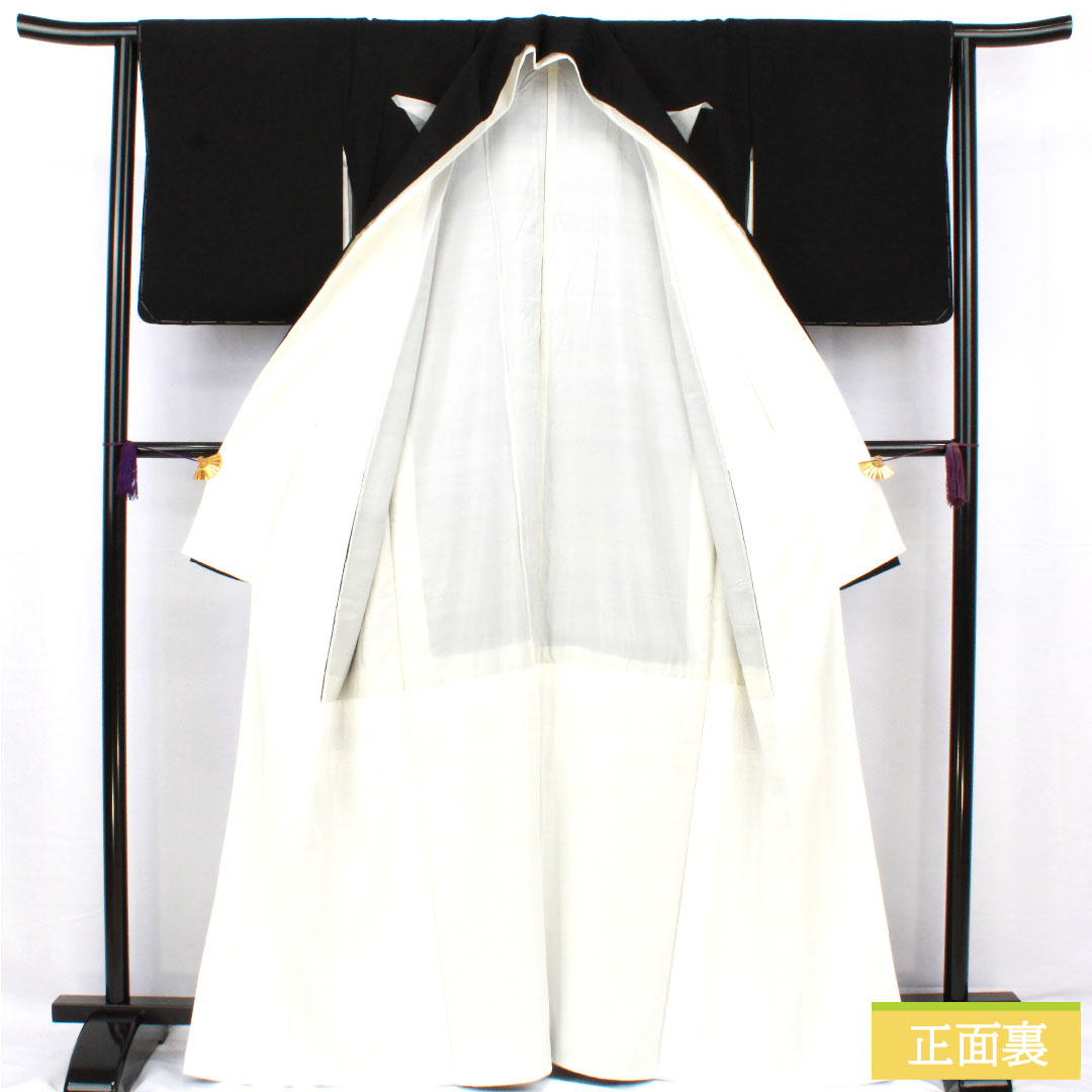 Black formal kimono, pure silk, length 164.5cm, sleeve length 63cm, lined, Kyoto yuzen, wave, fan, plum, five crests, five-three paulownia, A rank, black, 1111001523410