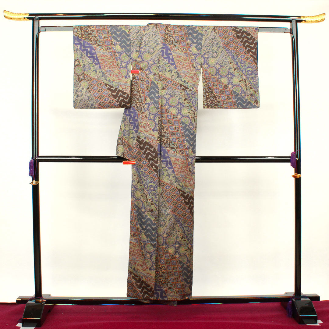 小紋 身丈153cm 裄丈61.5cm 袷  斉藤三才 更紗模様  正絹 Sランク グラデ 1115002892299