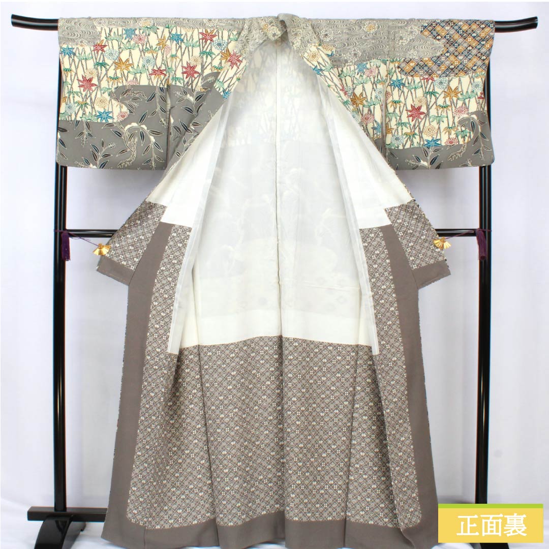 Visiting Kimono, Pure Silk, S Rank, Lined, Length 165.5cm, Sleeve Length 67.5cm, Kyoto Bingata Style, Bingata Style, Auspicious Motifs, Gray, Product Number: 1112006742522