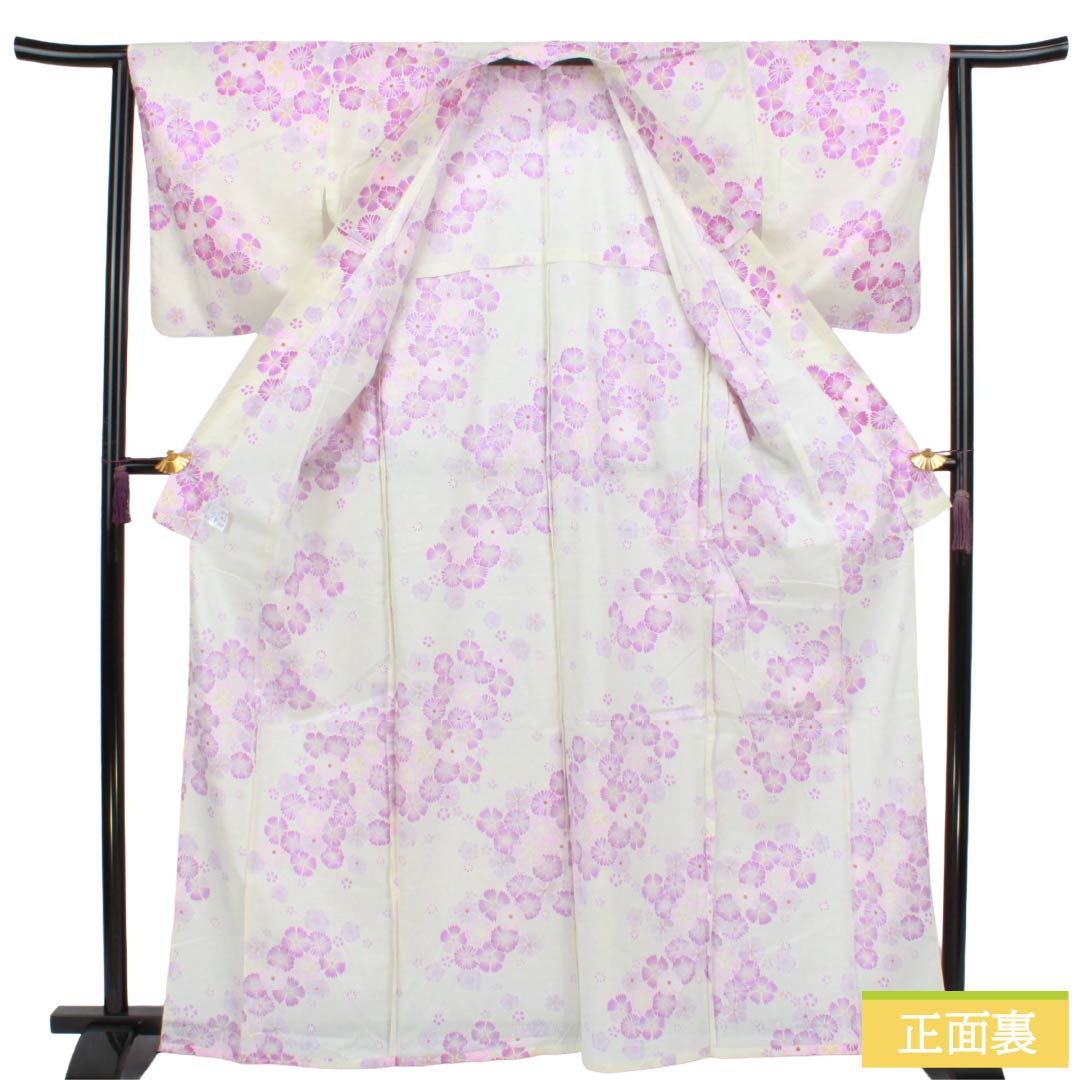 浴衣 木綿 Aランク 身丈164.5cm 裄丈63cm 桜 菊 単衣 白系 1118007513411