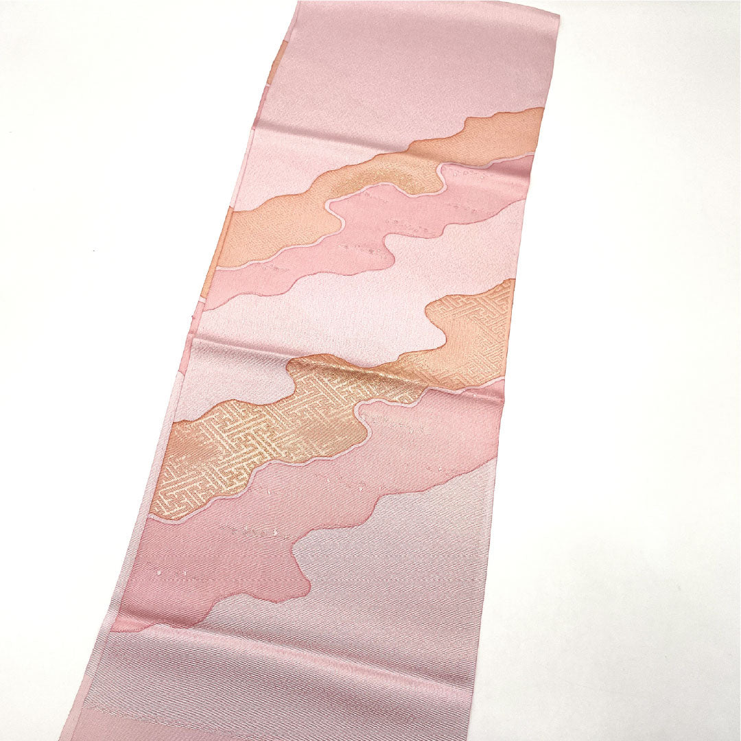 (Like New) Semi-Formal Silk Obiage (Sash) in Arasomeiro (Faded Red) with Tango Chirimen Chirimen Fabric, Classic Pattern, Long Length: Approx. 191cm, Width: Approx. 29.5cm, Pink, Product Number: 1136001241913