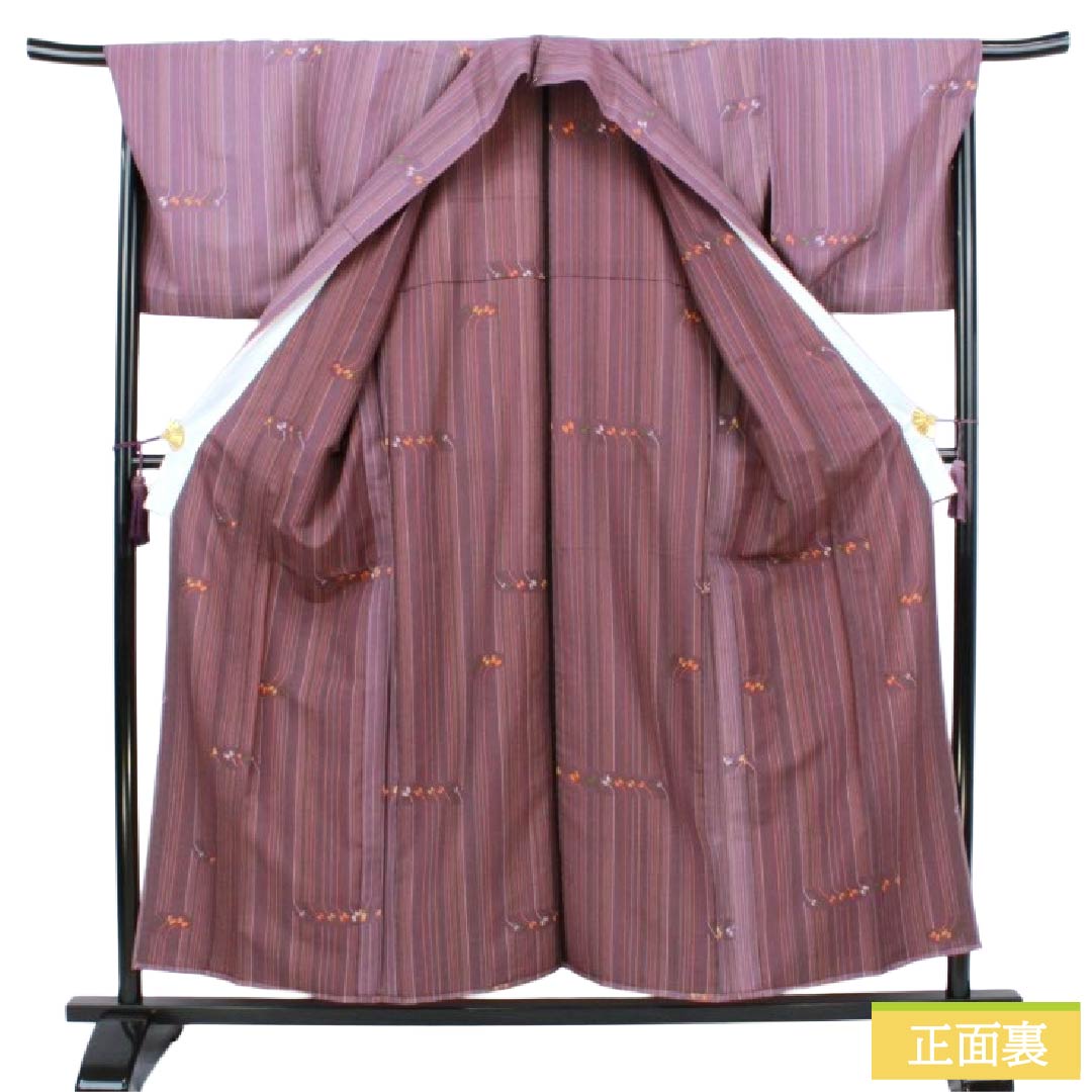 小紋 ポリエステル Sランク 身丈156.5cm 裄丈69.5cm 単衣 半色（はしたいろ） 洗える着物 縞 蝶 紫系 1115008192320