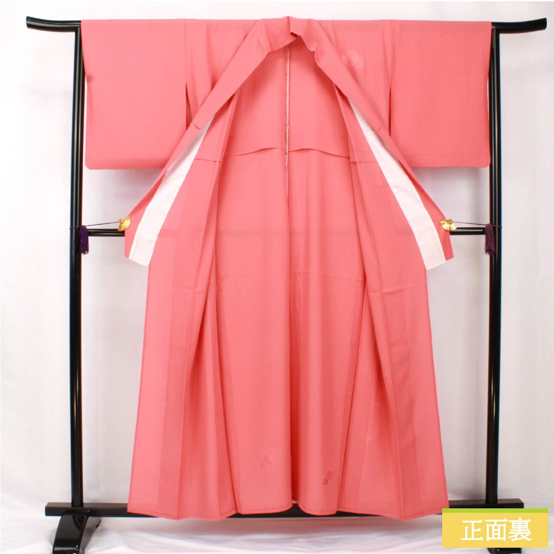 夏物 正絹 訪問着 身丈157cm 裄丈64.5cm 紅梅色（こうばいいろ） 汕頭刺繍 雪輪 付下げ 絽 Sランク ピンク系 1132002012313