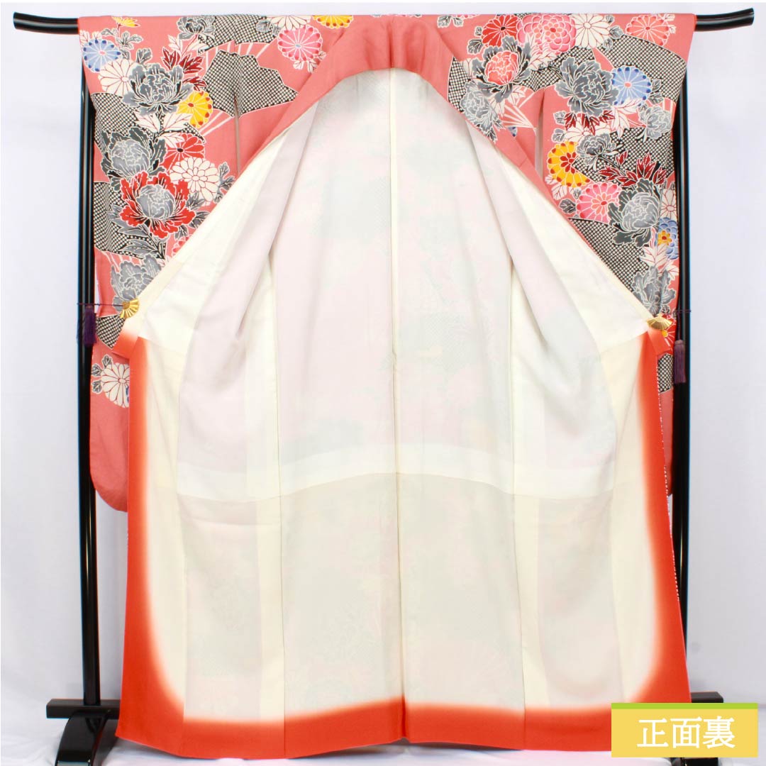 振袖 正絹 Sランク 身丈165.5cm 裄丈67cm 袷 中紅色（なかべにいろ） 京紅型 吉祥文様 ちりめん地 ピンク系 1113002472513