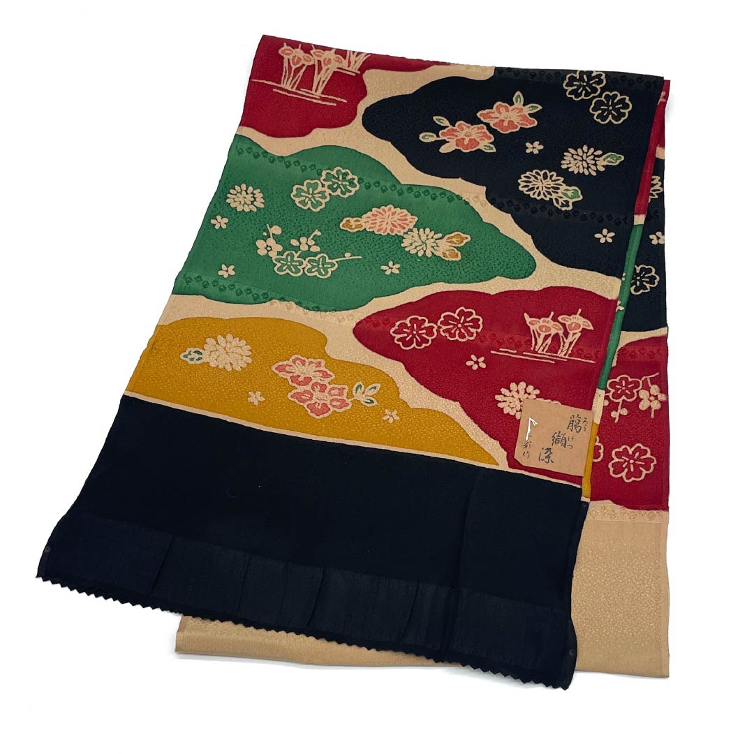 Obiage silk S rank semi-formal "kawarakeiro" (earthenware color) resist dye cloud pattern flowers length approx. 173cm width approx. 28.5cm beige color 1136002702925